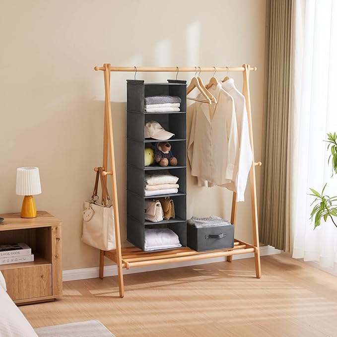 MAX Houser 6 Tier Shelf Hanging Closet Organizer, Closet Hanging Shelf with 2 Sturdy Hooks for Storage,2 Pack, Foldable (Grey