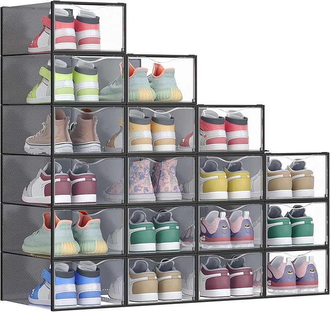 SONGMICS Shoe Boxes, Shoe Storage Organizers Rack for Closet, Plastic Stackable Sneaker Containers Case, 18 Pack, Transparent