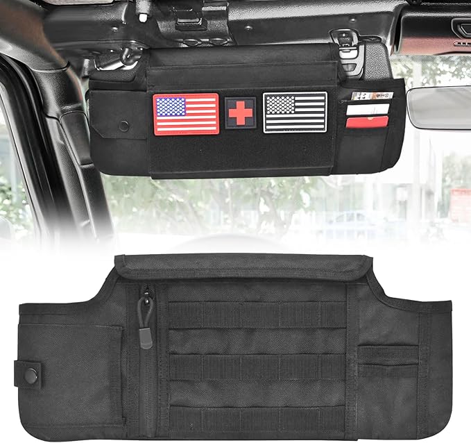 Sun Visor Organizer Compatible with Wrangler JL & JT 2018-2025, Driver's Side Front Tactical Visor Storage Molle Webbing Visor Storage, car Sunglasses Clip, Multi-Pocket