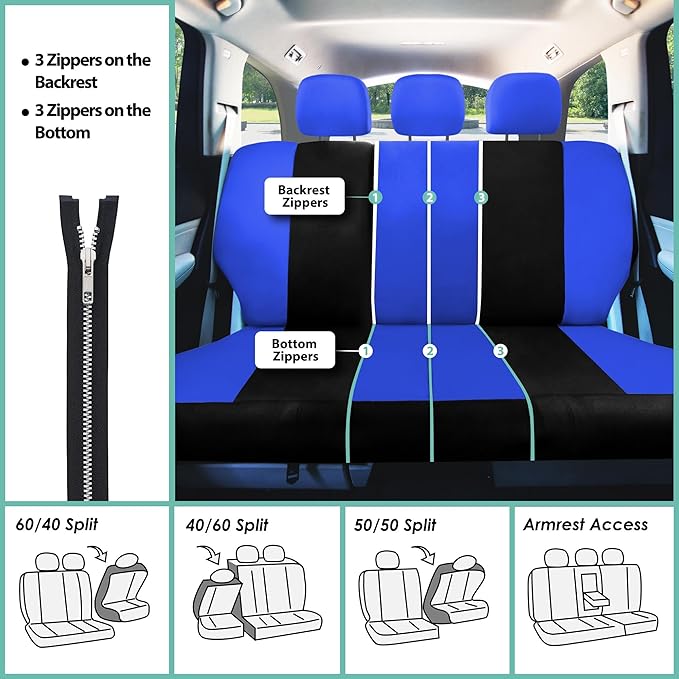 FH Group Car Seat Covers Full Set Blue Black Cloth - Universal Fit,Automotive Seat Covers, Low Back Front Seat Covers,Airbag 