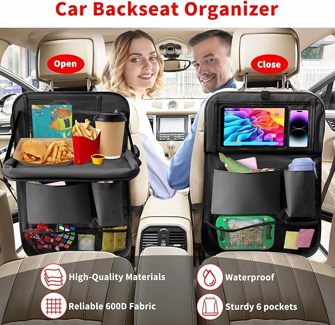 Car Backseat Organizer with Tablet Holder, 6 Storage Pockets Seat Back Protector with Foldable Tray, Kick Mats Back Seat Cover for Kids Toddlers, Travel Accessories, 1 Pc