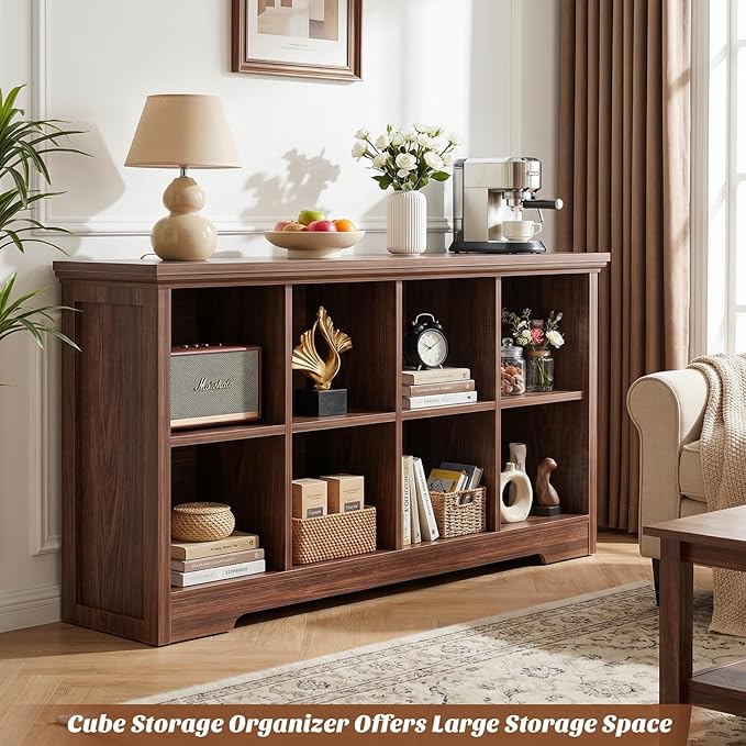 Aheaplus Wooden 8-Cube Storage Organizer with Charging Ports, Modern Cube Bookcase with Base, 3-Tier Floor Standing Open Cubb