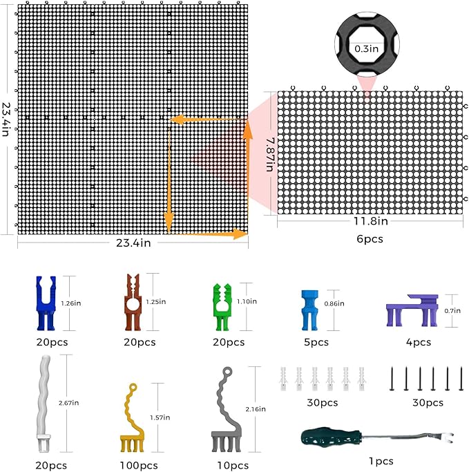 Pegboard Kit: 6 Panels (90x40cm/36x16in, Black) + 200 Hooks & Accessories, Heavy Duty Rustproof Plastic Peg Board for Home, G