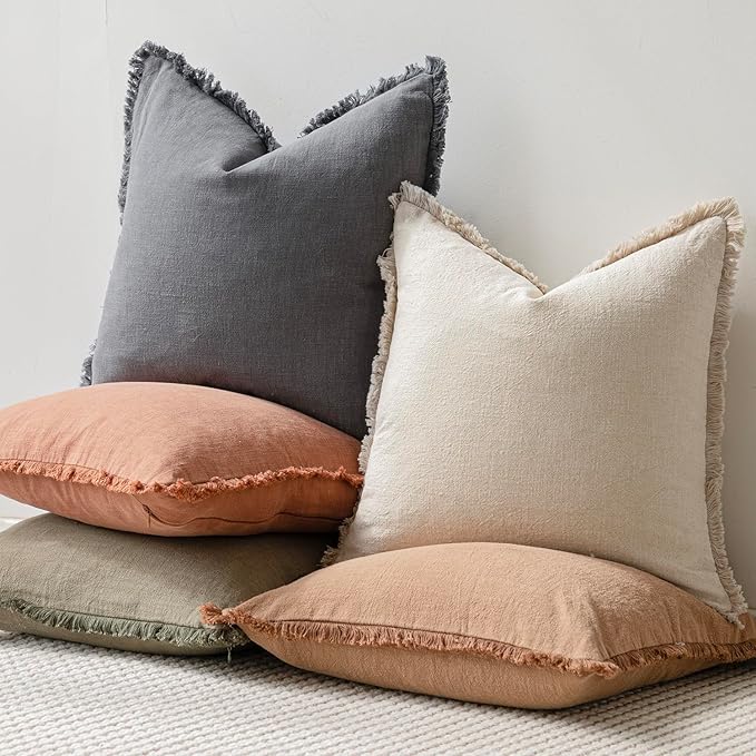 Foindtower Set of 2 Decorative Linen Fringe Throw Pillow Covers Boho Farmhouse Cushion Cover with Tassels Lumbar Accent Pillo