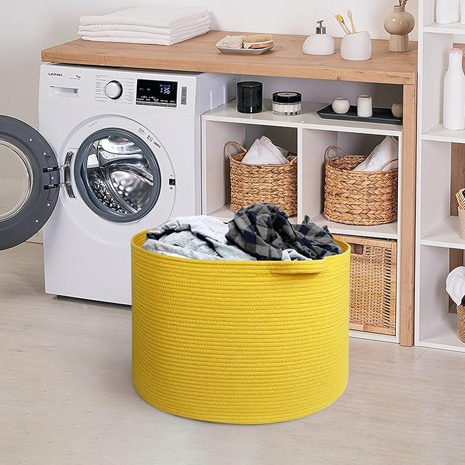 MEGASKET Extra Large Yellow Basket, 22” X 22” X 14” Cotton Rope Yellow Decor for Living Room Bedroom, Woven Basket for Blanke