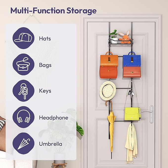 SWTYMIKI Over The Door Purse Organizer - Wall Mounted Purse Rack with 16 Hooks and Metal Basket, Handbag Hanger Organizer Hol