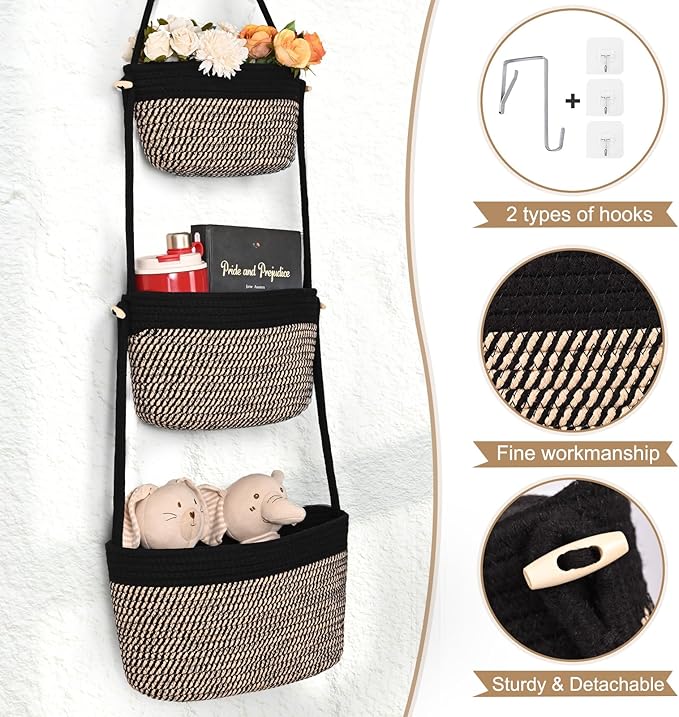 Hanging Storage Baskets, Over the Door Basket, Cotton Wall Baskets Storage, Hanging Door Basket with 4 Hooks