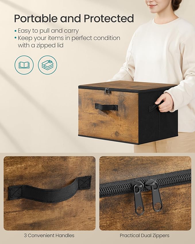 SONGMICS Foldable Storage Organizer Boxes, Set of 3 Storage Basket Bins with Lids, Handles, Clothes Organizer, 15.7 x 11.8 x 
