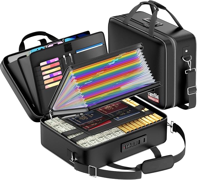 Tamfile Fireproof Document Box with Lock, Hard Case Fireproof Water Resistant File Organizer with 24 Colorful Pockets, Fire S