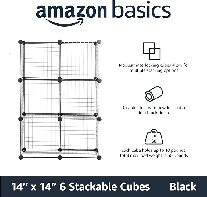 Amazon Basics 6 Cube Wire Grid Storage Organizer, Stackable Cubes, Cubby Bookcase, Display Shelf, 14" D x 14" W x 14" H, Blac