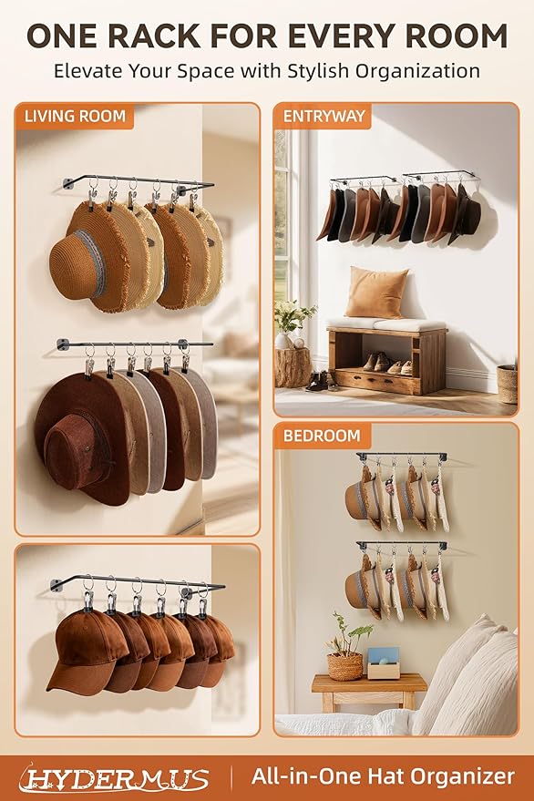Cowboy Hat Rack for Wall Cowboy Hats Hook with 12 Clips Metal Cowboy Hat Hanger for Bucket Baseball Caps Sunhat Winter Beanie