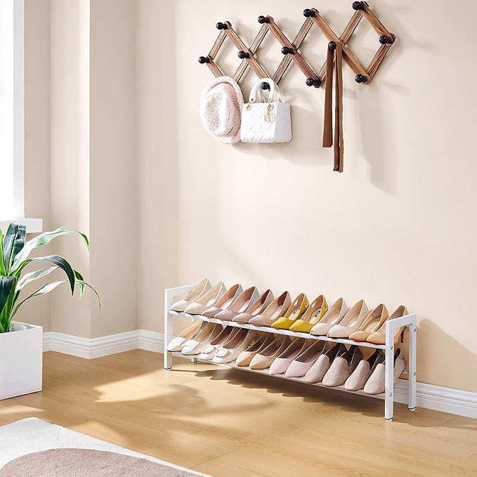 FAVOOSTY 2-Tier Expandable Shoe Rack, Adjustable Shoe Shelf Storage Organizer Space Saving Metal Free Standing Shoe Rack for 