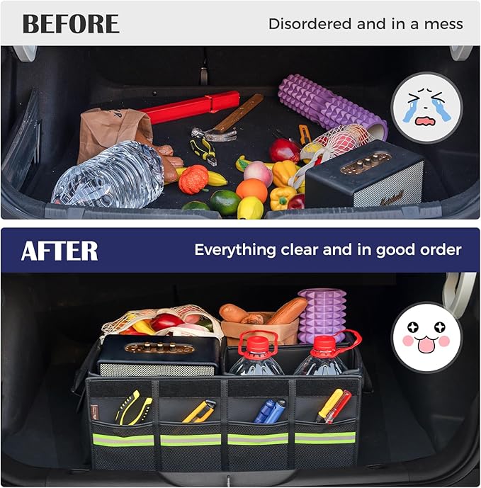 Coverado Car Trunk Organizer - 70L Nappa Leather Trunk Organizer for SUV with Lid, Multi Collapsible Car Storage Organizer Fold