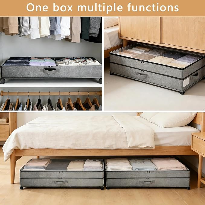 Under Bed Storage with Wheels, 2 Pack 75L Underbed Large Storage Bins with Lid, Adjustable Rolling Storage Containers for Clo