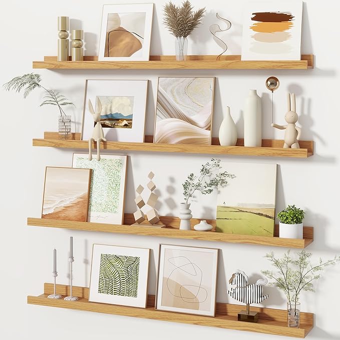 Fun Memories Picture Ledge Shelves Set of 4, 36 Inch Rustic Wall Mounted Floating Shelves with Lip for Home Storage and Décor