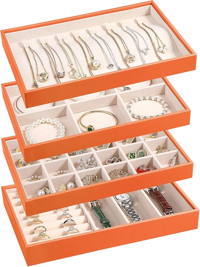 LANDICI Stackable Jewelry Organizer Trays 4 Set,PU Leather Jewelry Organizer Drawer,Jewelry Storage Display Tray for Earring 