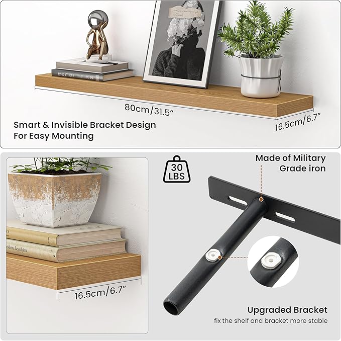 Heimlove Floating Shelves for Wall 32 Inch,Mounted Storage Wood Shelves with Invisible Brackets Hanging Shelf for Bedroom Liv