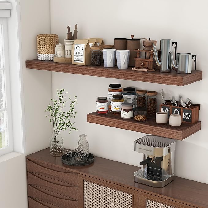 12 Inch Deep Floating Shelves | 55 Inch Walnut Floating Shelves | 55" W x 12" D Rustic Wood Shelves for Wall | Deep Walnut Sh