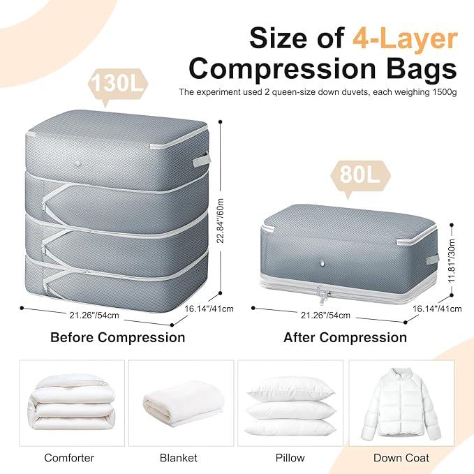 Comforter Storage Bag - 130L Large Capacity Blanket Storage Bags 4-Layer Ultra Space Saving Self Compression Organizer, Washa