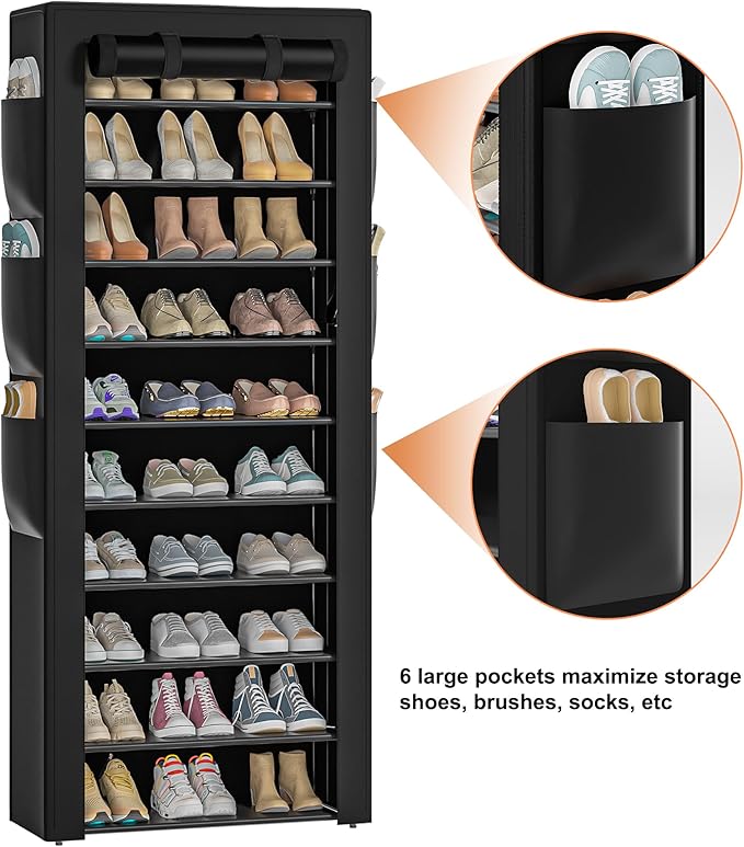 OYREL Large Shoe Rack, Black, 6 Side Pockets, 23.6" Wide x 11.4" Deep x 68.9" Tall, 36-41 Pairs of Shoes