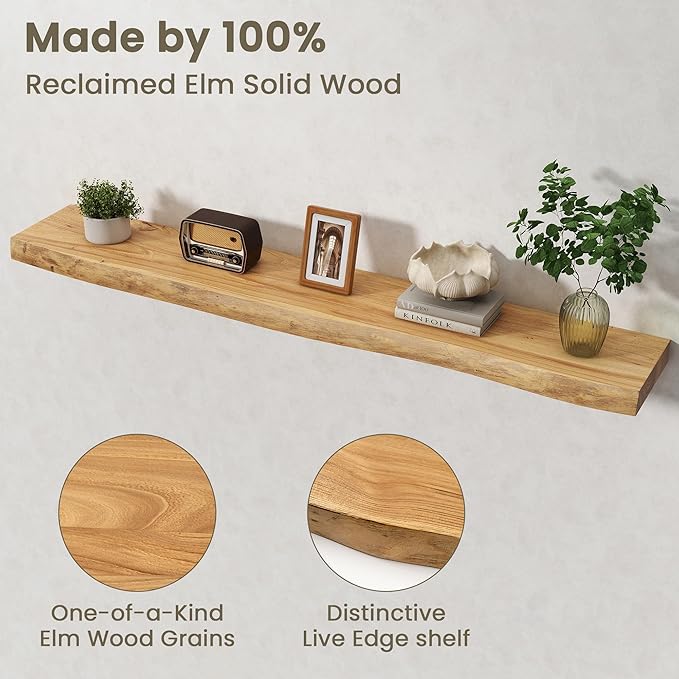 Fun Memories Floating Shelves for Wall Decor Set of 1-55 Inch Solid Elm Wood Live Edge - Rustic Natural Wall Shelves with Inv