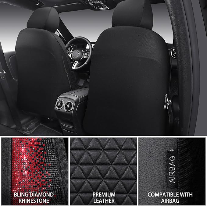CAR PASS Bling Diamond Black Leather Car Seat Covers for 2 Front Interior Sets, Waterproof Shining Glitter Sparkly Crystal Un
