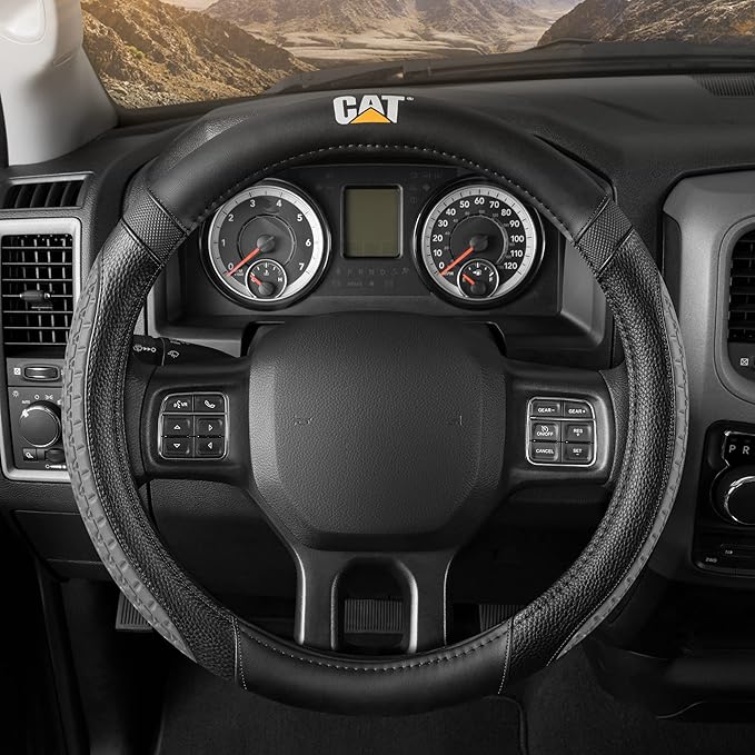 CAT® DuraGrip Car Steering Wheel Cover, Gray Tire Tread Traction Design, Auto Steering Wheel Cover for Cars Trucks Vans SUVs, Improve Grip and Control, Durable Comfortable - Large 15"-16" Inches