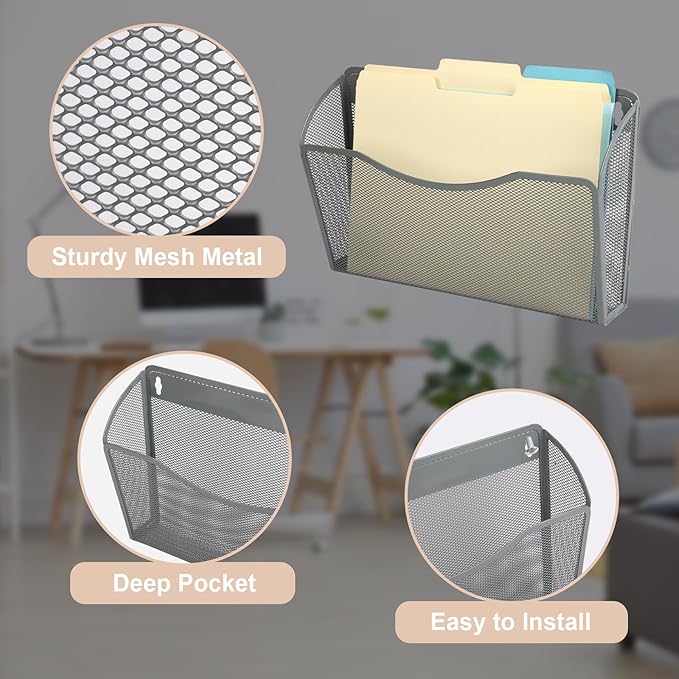 EASEPRES 3 Single Pocket Mesh Hanging File Organizer, Vertical Wall Mounted Magazine File Holder, Mount Basket Mail Paper Doc