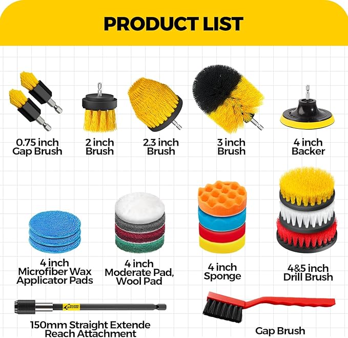 Holikme 22Pack Drill Brush Attachments Set,Scrub Pads & Sponge, Buffing Pads,Power Scrubber Brush,Car Polishing Pad Kit,Wax A