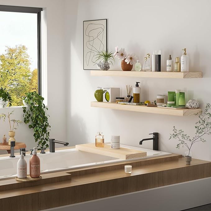 Vivelove Natural Wood Floating Shelves 48”，8 inch Deep Floating Shelf with Invisible Brackets, Unfinished Wall Shelves for Li