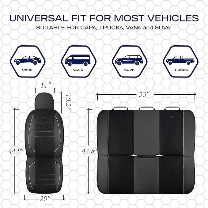 Skechers Air-Cooled Memory Foam Seat Cover, Mesh Thick Car Seat Covers,Piping Leather Car Seat Cover Full Sets,Airbag Compati