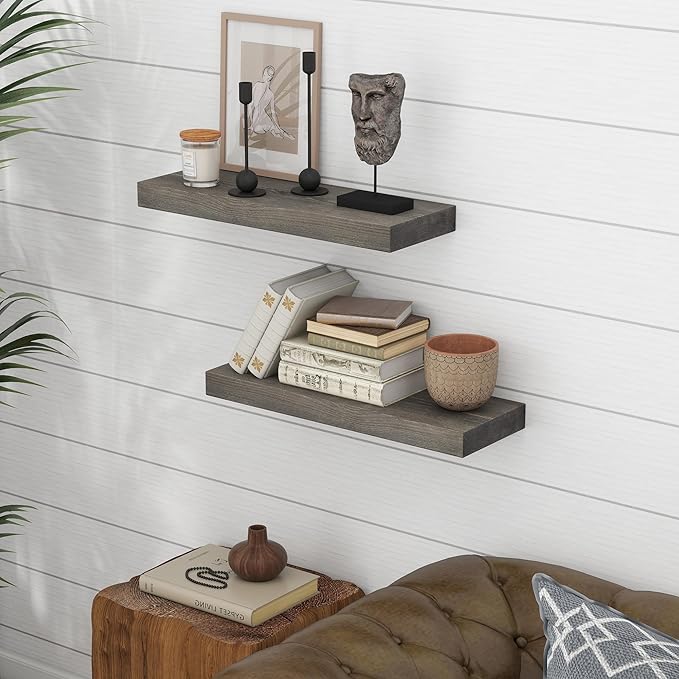 Marsmiles Wood Floating Shelves for Wall - 24 Inch Grey Wood Floating Shelves Set of 2-24 Inch Wide x 7.7 Inch Deep x 1.6 Inc