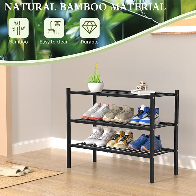 ROMGUAR CRAFT 3 Tier Bamboo Shoe Rack for Closet Free Standing Wood Shoe Shelf Storage Organizer for Entryway Small Space Sta