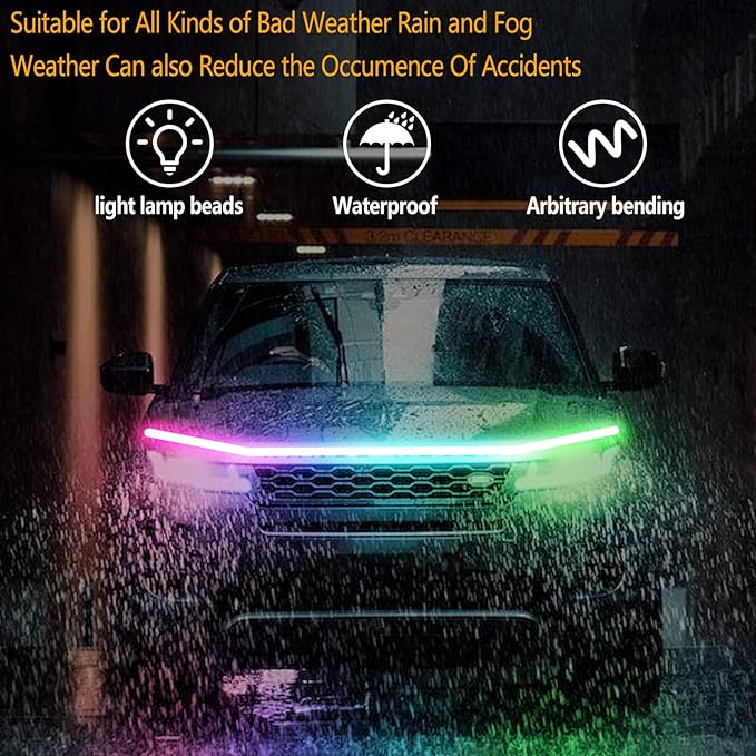 RGB Car Hood Light Strip, 79 Inches Dynamic LED Daytime Running Lights, Multicolor Dynamic Scan Start Up Sequential Turn Signal Lights for Car, Truck, SUV, App Control and Waterproof