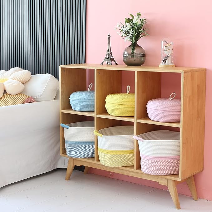 Hinwo Oval Cotton Rope Storage Basket Collapsible Nursery Storage Box Container Organizer with Handles, 13 x 10 inches, Off W
