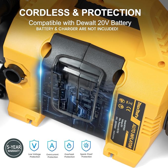 MaxMore Portable Tire Inflator/deflator Compatible with DeWalt 20V Battery (Tool Only),160 PSI High Pressure Cordless Air Compressor Pump, Digital Gauge, Auto Shut-Off, LED Light for Car, Bike, Balls