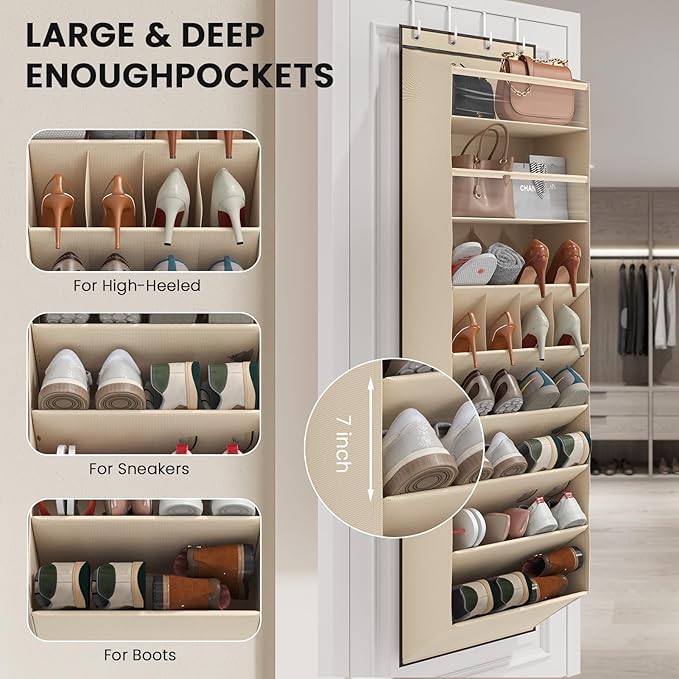 Mefirt 16-20 Pairs Over the Door Shoe Organizer, Clear Pockets Shoe Rack for Closet Door, Hanging Shoe Rack for Boots, Behind