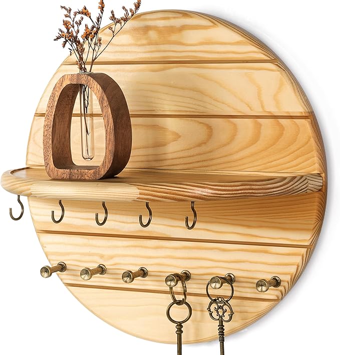Rebee Vision Pine Wood Key Holder Wall Mount Decorative – Round Wooden Rustic Key Holder for Wall with 11 Hooks and Floating 