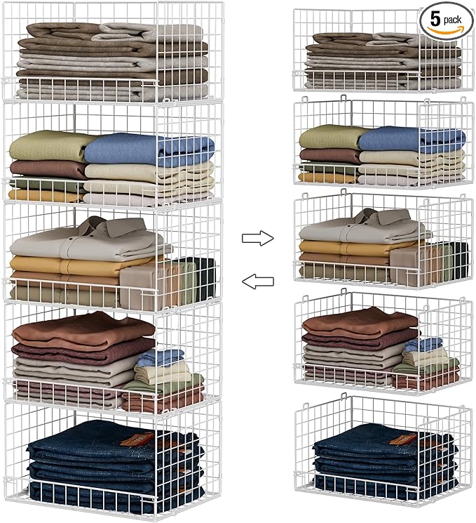 Yociyoga 5-Tier Stackable Closet Organizers and Storage Basket - Foldable Closet Shelf Organizer System, Space-Saving Clothes