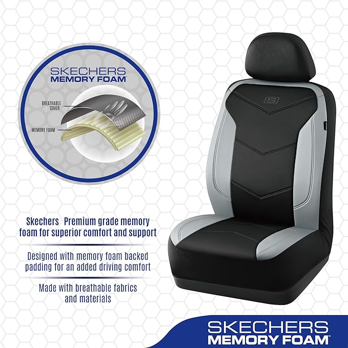 Skechers Memory Foam Seat Covers,Leather Car Seat Covers, Ultimate Comfort & Support Front Seat Covers Airbag Compatible, Aut