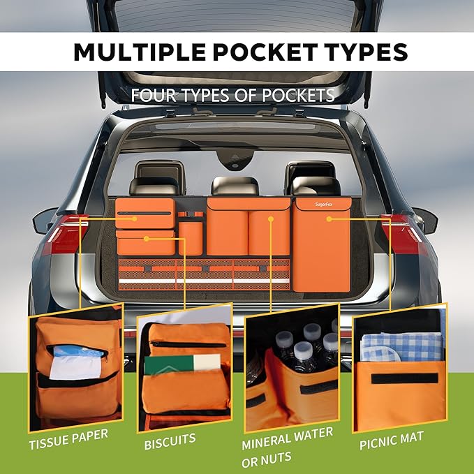 Backseat Hanging Trunk Organizer for SUVs, Cars, Trucks & MPVs | Multi-Pocket Storage with Anti-Slip Straps | Space-Saving Auto