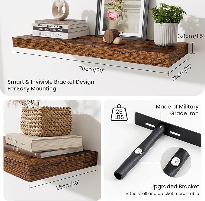 Fun Memories Floating Shelves for Wall, 30 Inch Long Floating Shelves Set of 2, 30 x 10 Wooden Shelves for Wall, Large Storag