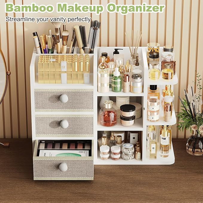 Large Makeup Organizer Countertop With Brush Holder Drawer For Vanity,Bamboo Bathroom Counter Organizers And Storage,Cosmetic