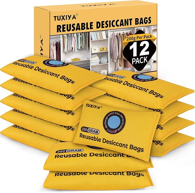 12 Pack(200g Each) Rechargeable Silica Gel Desiccant Packets,Color Indicating Desiccant Packs for Storage,Moisture Absorbers 