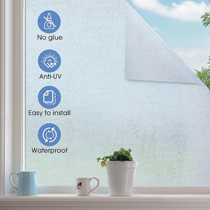 SUNBABY Window Privacy Film Frosted Glass Windows Clings Heat Blocking Windows Film Decorative Bathroom Door Windows Coverings Frosting Day and Night Privacy Film Home Window Tint,17.5x118.1IN