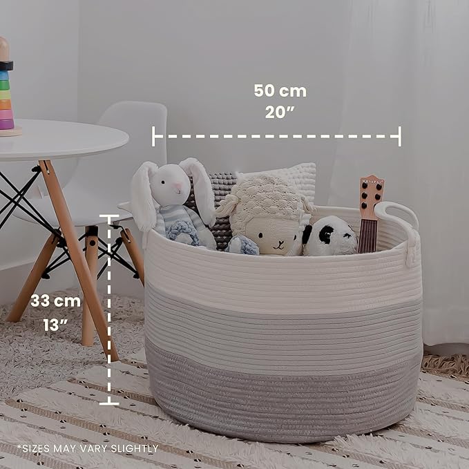 OrganiHaus Large Woven Storage Basket for Blankets and Toys 20" x 13" Inch, Rope Laundry Basket with Handles, Cushions & Pill