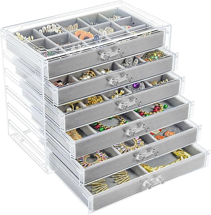 Watpot Acrylic Jewelry Box with 6 Drawers, Clear Earring Storage Organizer Display Case for Women Girls, Gray