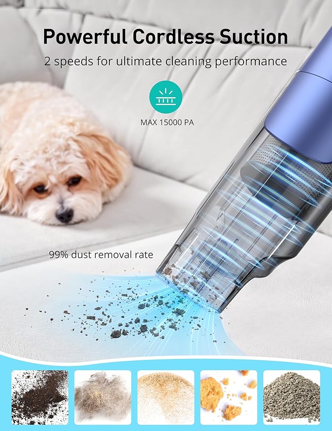 Handheld Vacuum Cordless, 24KPA Powerful Car Vacuum, Rechargeable, Charging Dock, Ergonomic Handle, 2-in-1 Crevice Tool, 1.8l