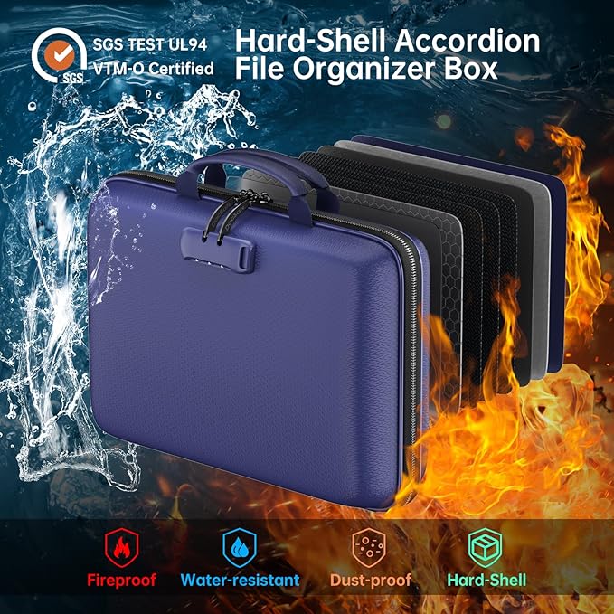 DocSafe Fireproof File Organizer with Lock, Hard-Shell Case Fireproof Document Box with 13 Pocket Accordion File Folder, Port