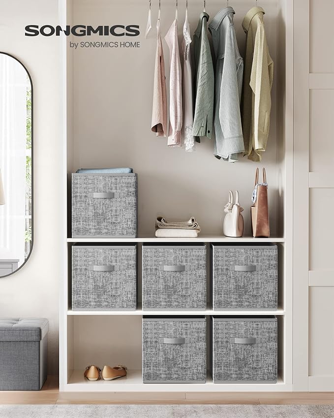 SONGMICS Storage Cubes, 13-Inch Non-Woven Fabric Bins with Double Handles, Set of 6, Closet Organizers for Shelves, Foldable,